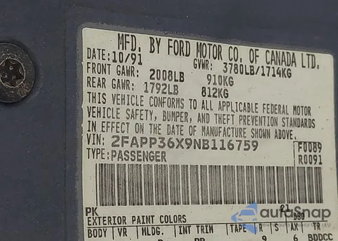 1992 Ford Tempo Gl z USA, uszkodzony, nr VIN 2FAPP36X9NB116759